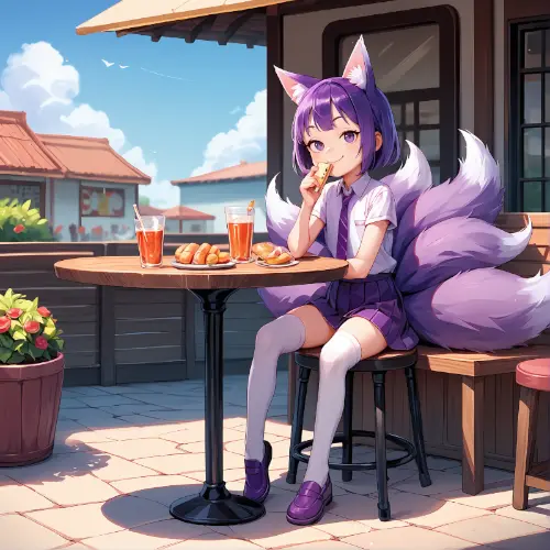 Dexxy at a cafe enjoying snacks